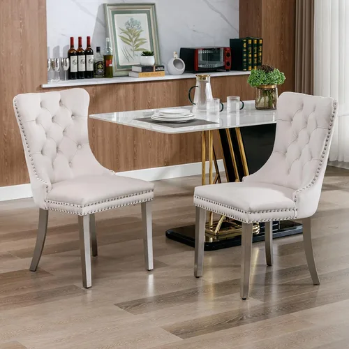 Miniatura 4 de Juego de 2 Sillas de Comedor Modernas de Mediados de Siglo, Tapizadas en Terciopelo Beige con Respaldo Acolchado, Sillas de Cocina y Comedor, Patas