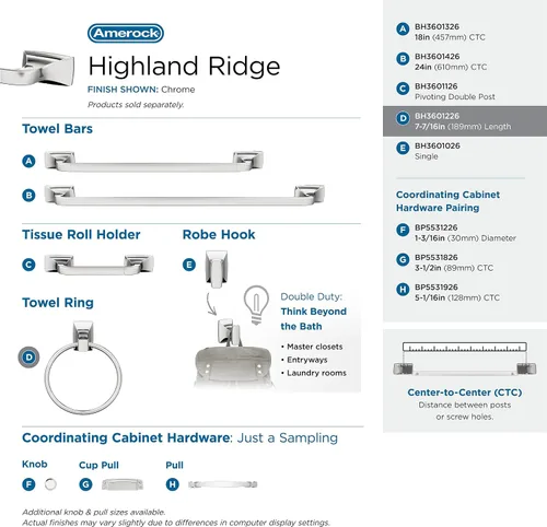 Miniatura 4 de Amerock BH36012 Highland Ridge 7-7/16" Anillo de toalla montado en la pared - Cromo Cromado
