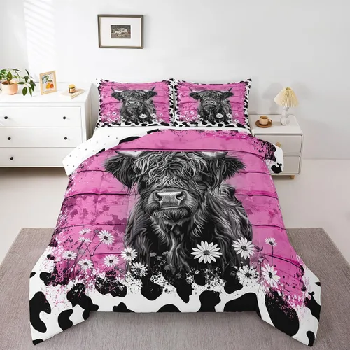 Miniatura 16 de Erosebridal Highland Cow - Juego de edredón tamaño matrimonial, juego de ropa de cama de toro de cuerno largo occidental para niños y adultos, Verde