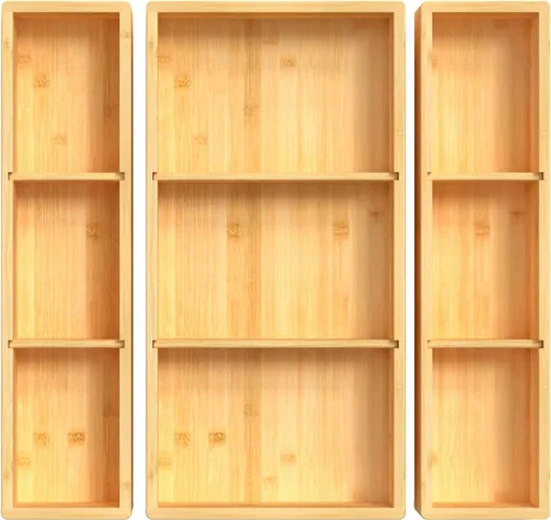 DUJEN Organizador de cajones de bambú de 12.5'' x 12.5'' x 2'', ajustable de 3 organizadores individuales de cajón multiusos para baño y cocina,