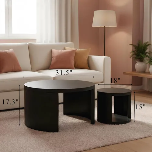 Miniatura 2 de Juego de 2 mesas auxiliares redondas, mesas auxiliares anidables con almacenamiento, juego de mesa de sala de estar, mesa central de madera moderna