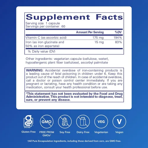 Miniatura 2 de Pure Encapsulations Iron-C - 15 mg - 175 mg de vitamina C - Soporte de glóbulos rojos* - Producción de energía - Píldora de hierro altamente
