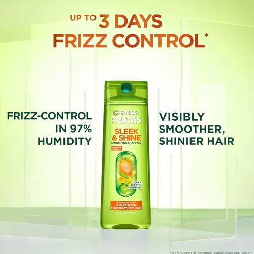 Miniatura 3 de Garnier Fructis Sleek & Shine Champú, Acondicionador + Juego de Acondicionador Sin Enjuague para Cabello Encrespado y Seco, Queratina Vegetal +