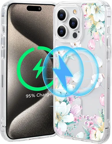 Miniatura 23 de Funda magnética de flores para iPhone 15 [compatible con MagSafe] Bonito patrón floral transparente a prueba de golpes