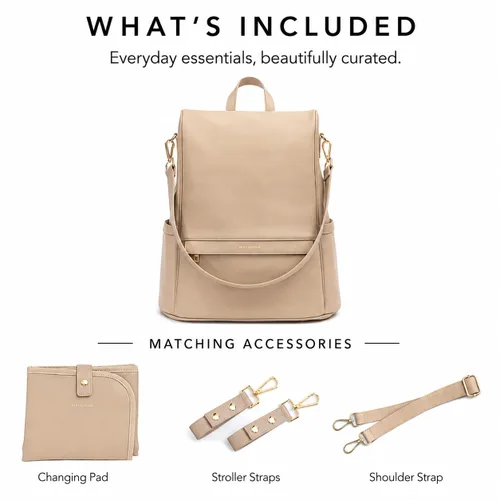 Miniatura 4 de MIA + SOPHIA Mochila de cuero para pañales con puerto de carga USB, cambiador, correas para cochecito y portabotellas (Marrón Mia)