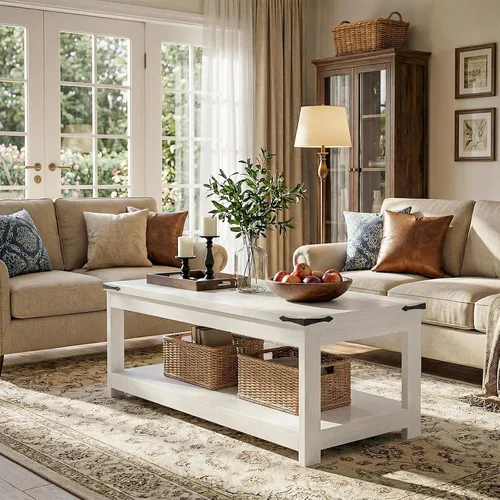 Miniatura 7 de Homieasy Mesa auxiliar rectangular de 43.3 pulgadas con estante de almacenamiento, mesa central de madera de granja para sala de estar, moderna mesa