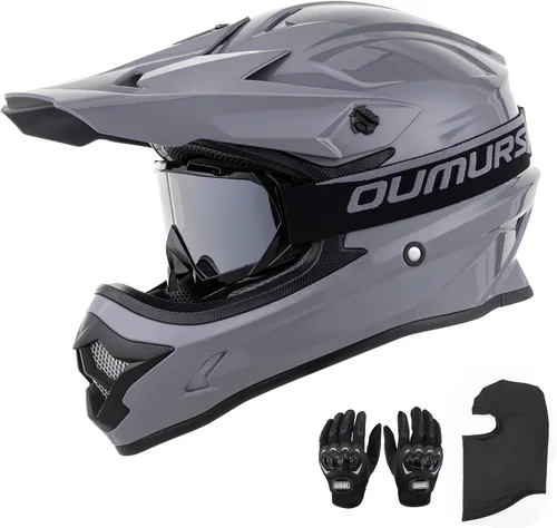 OUMURS Casco de ATV Bicicleta de Tierra para Adultos con Gafas Guantes y Máscara Visera Solar Ajustable Casco de Motocicleta para Adultos Gris