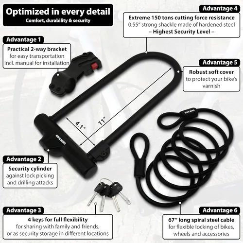 Miniatura 5 de KOHLBURG Cerradura en U con la más alta seguridad vendida con certificado de diamante seguro, grande de 13.5 x 6.7 pulgadas, resistente antirrobo