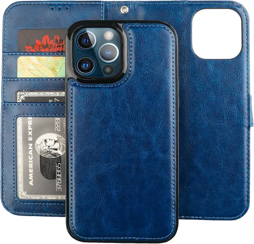 Miniatura 14 de Bocasal Funda tipo cartera desmontable para iPhone 13 Pro Max con bloqueo RFID, ranuras para tarjetas, soporte de cuero PU premium, soporte Negro