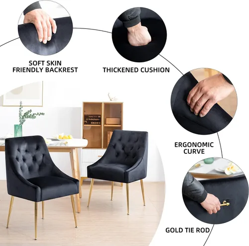 Miniatura 3 de Juego de 2 sillas de comedor modernas, sillas de comedor tapizadas de mediados de siglo, sillas de comedor de terciopelo con patas doradas para Negro