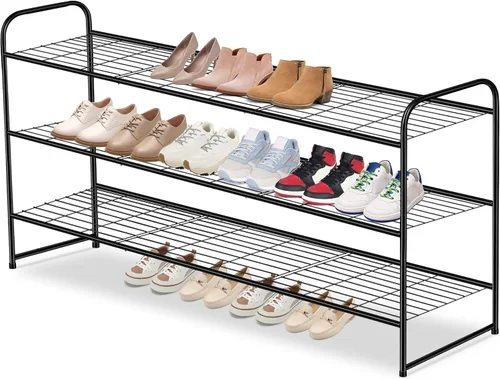 Miniatura 8 de AOODA Zapatero largo de 2 niveles para armario, organizador de almacenamiento de zapatos apilable de metal para entrada, dormitorio, piso, 18 pares
