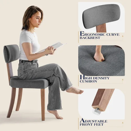 Miniatura 5 de LUXOAK Juego de 2 sillas de comedor modernas de mediados de siglo, sillas de cocina tapizadas de lino con respaldo curvado y patas ajustables