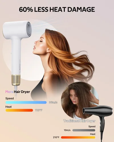 Miniatura 2 de Mera Bio-Ionic - Secador de pelo para mujer, secado rápido profesional de 1400 W con difusor y concentrador, tecnología de iones negativos