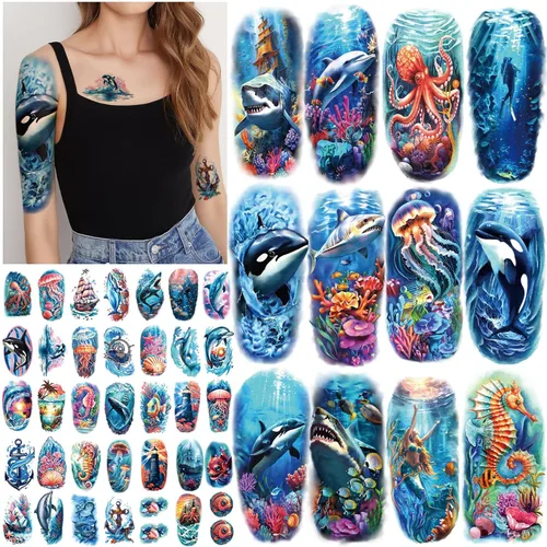 Miniatura 14 de 77 hojas de tatuajes temporales para hombres y mujeres, 17 hojas de tatuajes falsos de medio brazo, pecho y hombro, 60 hojas de tatuajes negros