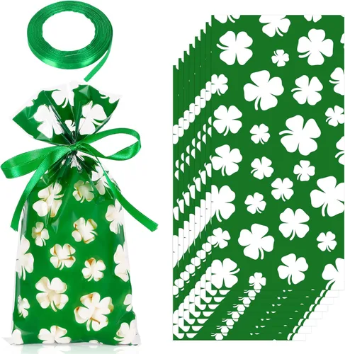 Whaline 160 bolsas de celofán del día de San Patricio, trébol de trébol, caramelos, bolsas de celofán, bolsas de plástico con cinta verde para