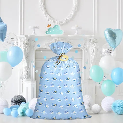 Miniatura 6 de Bolsa de regalo jumbo grande de plástico Loveinside, bolsa de plástico con diseño de oso durmiente azul para niño, con etiqueta y lazo para Oso