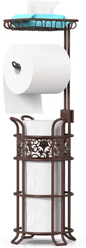 Miniatura 7 de Soporte de papel higiénico con estante, dispensador de rollos de papel higiénico de pie, con capacidad para 3 grandes rollos de papel jumbo mega