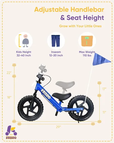 Miniatura 6 de KRIDDO Bicicleta de Equilibrio Pro para Niños Pequeños de 2+ Años con Freno de Mano y Pata de Cabra, Bicicleta de Empuje de 12 Pulgadas, Bicicleta