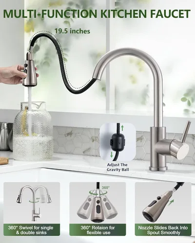 Miniatura 2 de VFAUOSIT - Grifo de cocina con rociador extraíble, grifo de fregadero de cocina sin plomo, níquel cepillado, acero inoxidable, arco alto, extracción