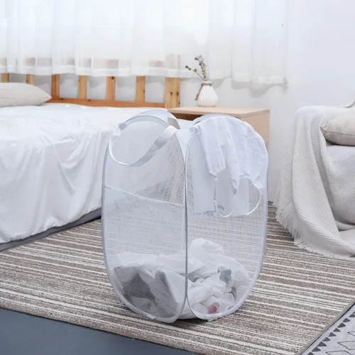 Miniatura 5 de BATTOO Cesta para ropa sucia de malla fuerte de lujo tipo pop-up con bolsillo lateral, plegable para cuarto de lavandería, baño, habitación