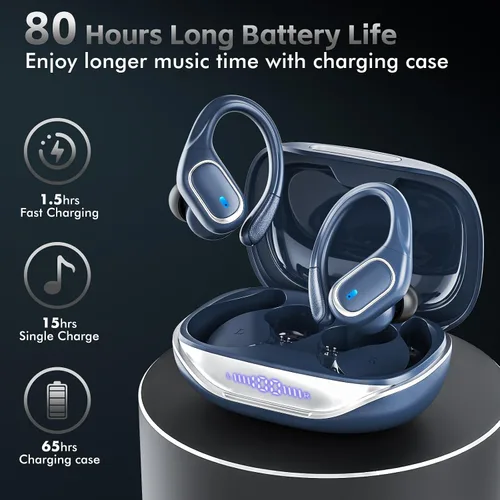 Miniatura 2 de HAOYUYAN Auriculares deportivos Bluetooth inalámbricos, 80 horas de reproducción, con pantalla de alimentación LED, IPX7 impermeables