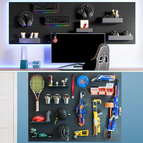 Miniatura 7 de FZK Tablero de clavijas, kit organizador de pared de tablero perforado de metal de 74 piezas. Tablero de clavijas resistente, tableros de clavijas