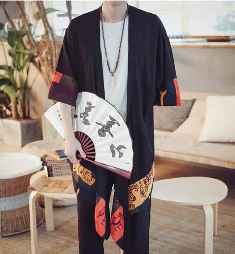 Miniatura 6 de HZCX FASHION Chaqueta tipo kimono larga de lino y algodón para hombre