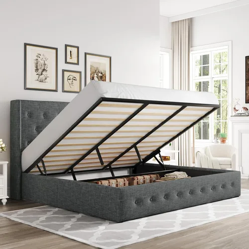 Miniatura 25 de Allewie Cama de Almacenamiento Elevable Tamaño Completo, Cabecero Capitonado con Botones con Respaldo de Ala, Soporte Hidráulico, No Necesita Gris