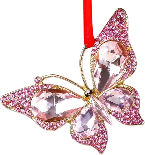 WaaHome Adornos de Navidad de mariposa rosa 2025 – Hermoso adorno de recuerdo de mariposa monarca de metal para decoración de árbol de Navidad,