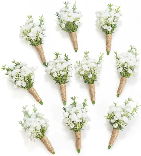 Miniatura 12 de Boutonnieres de aliento de bebé para hombre, juego de 2, blanco natural para novio y padrinos de boda con pin para boda rústica de otoño, vintage