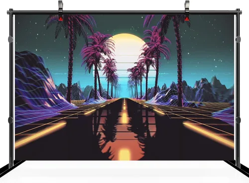 Miniatura 3 de 5x3ft Retro Futuristic 80s Backdrop Retrowave Neon Lights Road Tropical Trees Mountain Sun Starry Sky Background Cyberpunk Video Game Punk Birthday