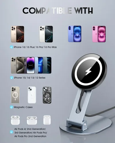 Miniatura 6 de Soporte de cargador inalámbrico magnético para cargador Mag-Safe, soporte de carga inalámbrico plegable hecho para iPhone 17/17 Pro