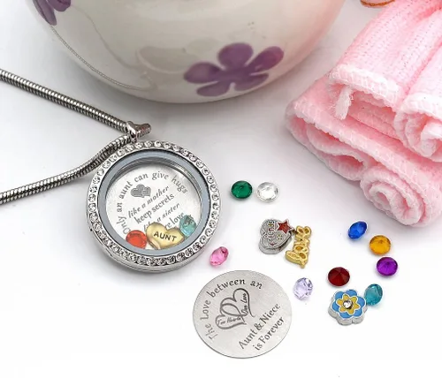 Miniatura 5 de El mejor regalo para sobrina tía, colgante de medallón de memoria flotante con dije y piedra natal para mujeres, niñas y adolescentes