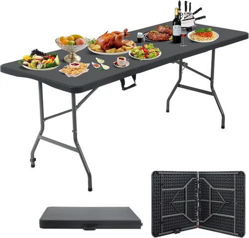 HKLGorg Mesa Plegable, Mesa de Utilidad de Plástico Resistente Plegable para Interior y Exterior, Mesa de Fiesta y Comedor Fácil de Montar con Negro