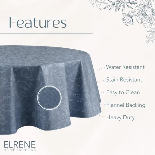 Miniatura 4 de Elrene Home Fashions Camile - Mantel de vinilo resistente al agua y a las manchas con reverso de franela, 70 x 70 pulgadas, redondo, azul