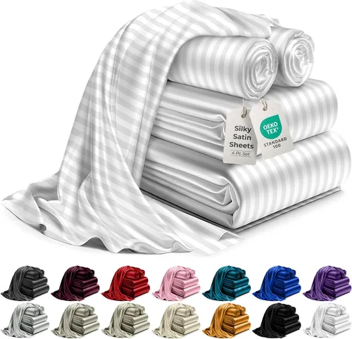 Miniatura 54 de DECOLURE Sábanas de satén para cama - Juego de 6 piezas de ropa de cama de lujo sedosa tamaño King - Más suave que la seda, sin arrugas con sábana