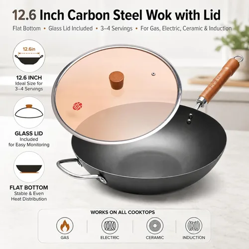 Miniatura 2 de WANGYUANJI Wok de hierro, woks de 12.59 pulgadas para freír, sartén china sin recubrimiento, olla de hierro tradicional de fondo plano