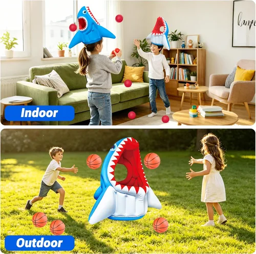 Miniatura 5 de Juguetes inflables de tiburón, juegos de piscina 3 en 1 de tiburón, baloncesto y fútbol y aro de cabeza, juguetes de piscina al aire libre, verano