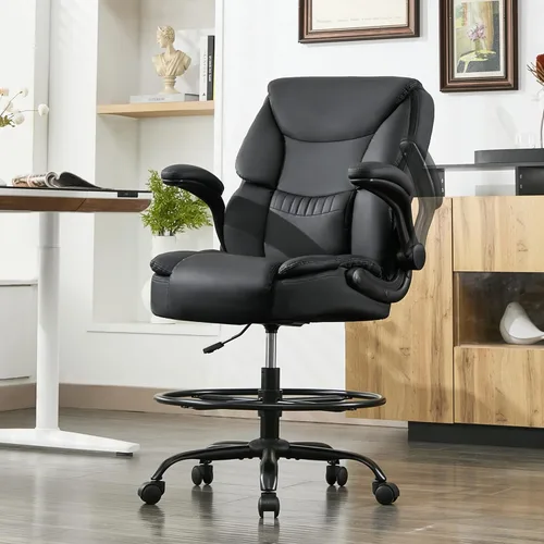 Silla de Dibujo de 500 LBS, Silla de Escritorio de Pie Más Segura con Respaldo Alto, Silla de Oficina Alta Ejecutiva con Reposabrazos Abatibles,