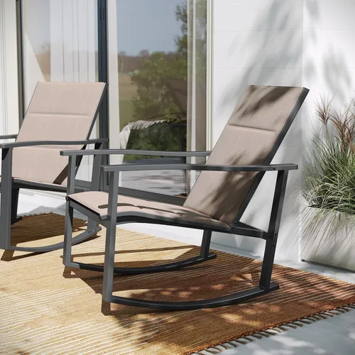 Miniatura 6 de BizChair Juego de 2 mecedoras para exteriores marrones con material Flex Comfort y marco de metal negro