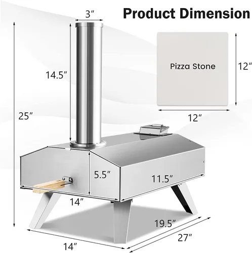 Miniatura 9 de Happygrill Horno de pizza al aire libre, portátil, de acero inoxidable, estufa de pizza de pellets de madera con piedra de pizza de 12 pulgadas