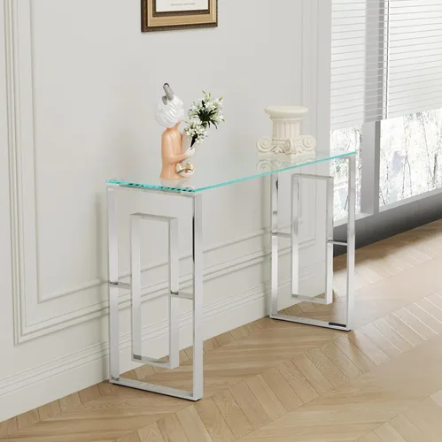 Miniatura 8 de SSLine Mesa consola de vidrio templado, mesa de sofá de cristal transparente con marco de acero inoxidable, mesas de entrada doradas para pasillo