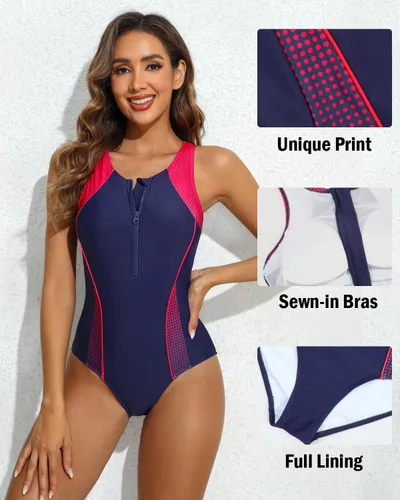 Miniatura 3 de beautyin Traje de baño de una pieza con cremallera frontal para mujer, traje de baño atlético con espalda cruzada