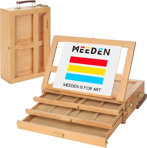 MEEDEN Caballete de mesa ajustable grande para artista con caja de bocetos - Caballete de almacenamiento multifunción de madera de haya maciza con 3