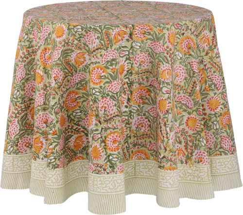 Miniatura 11 de ATOSII Mantel Redondo Bohemio Jade de Algodón 100%, Mantel de Lino con Estampado Floral de Bloques para Comedor, Fiestas, Bodas, Exteriores I