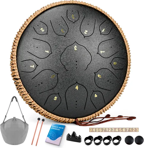 Tambor de Lengua de Acero - 15 Notas Tambor de Acero - Instrumento de Tambor Handpan de 14 Pulgadas con Libro de Música, Mazos para Instrumentos de