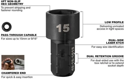 Miniatura 3 de Adecuado para Milwaukee 49-16-1640 Box Ratchet Socket SAE Set - 8 PC, negro