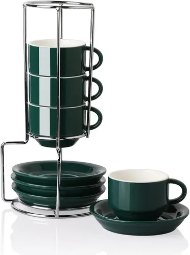 Miniatura 20 de Sweejar - Tazas de café de porcelana con platillos, tazas de capuchino apilables de 4 onzas con soporte de metal para bebidas de café, café