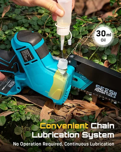Miniatura 6 de SEESII Mini motosierra sin escobillas de 6 pulgadas, sierra de mano con 2 baterías de 2000 mAh, motosierra inalámbrica con engrasador automático