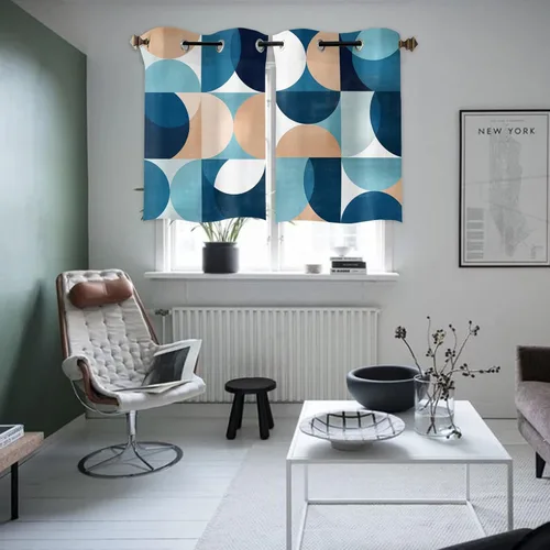 Cortinas geométricas color turquesa para ventana de 39 pulgadas de largo, arte abstracto europeo moderno, con ojales, panel de cortina de cocina y